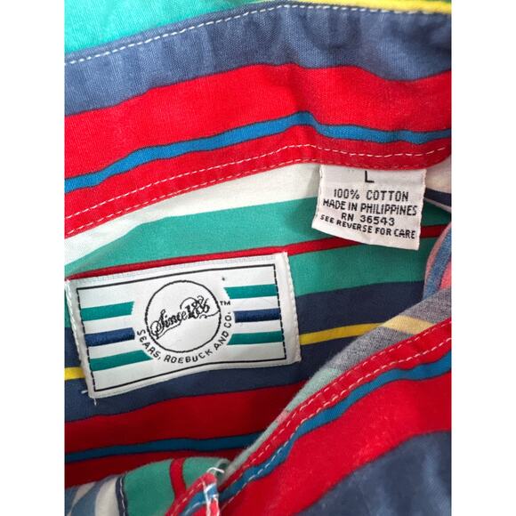 Vintage Sears Striped Cotton Short Sleeve Shirt 80s 90s Retro large - Picture 12 of 12